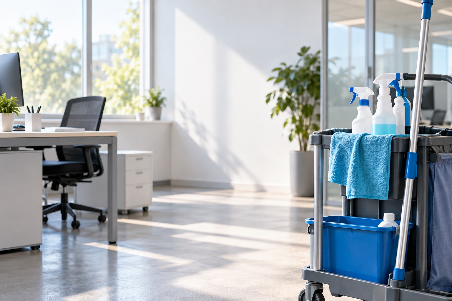 Reinigungswagen in einem hellen Büro – KI-generiertes Symbolbild