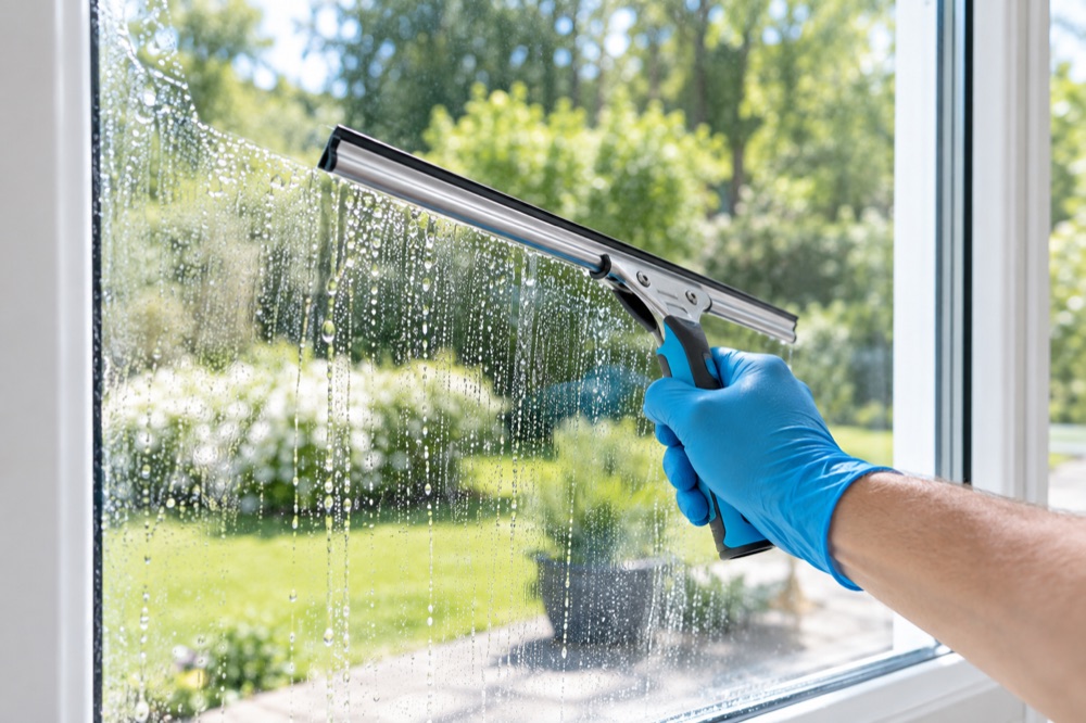Fensterreinigung mit einem Abzieher – KI-generiertes Symbolbild